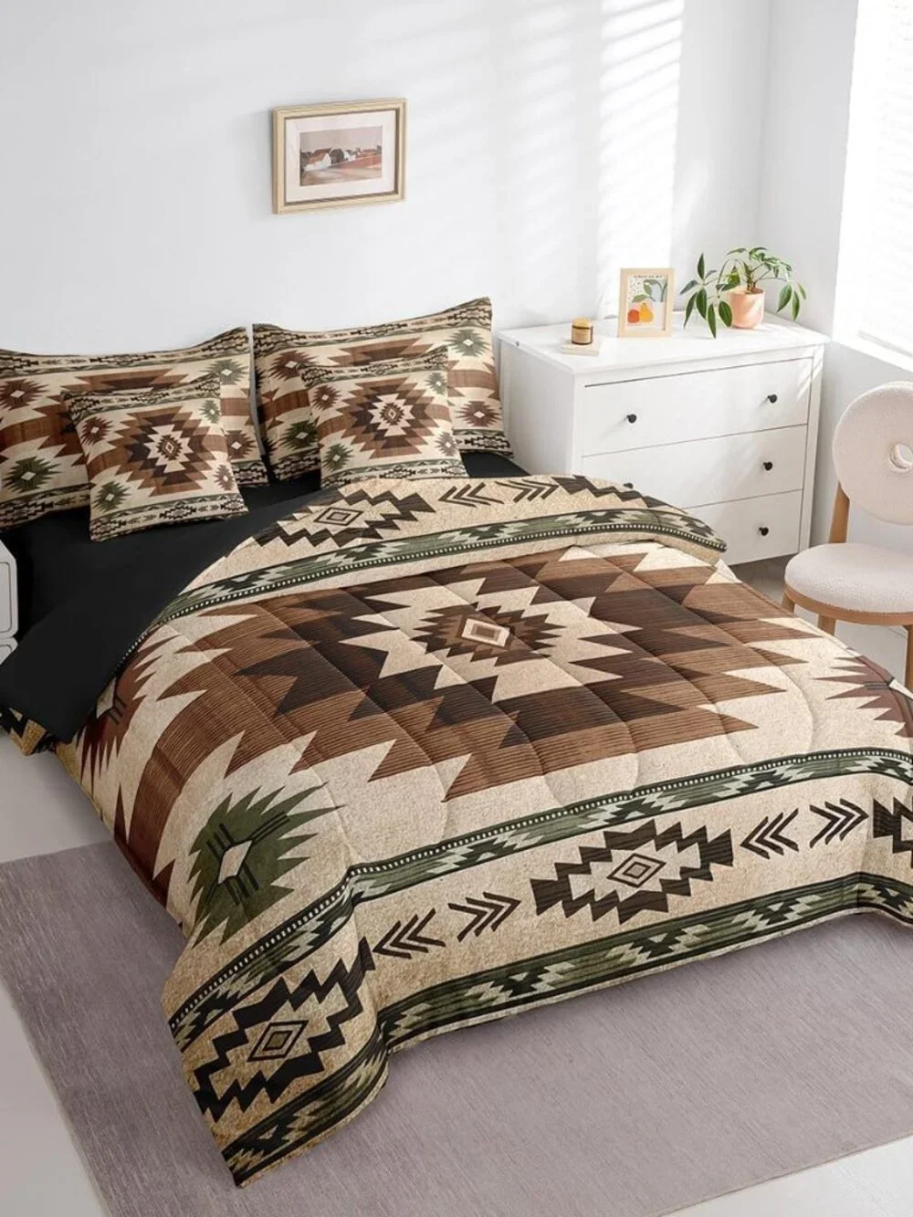 7 Pcs Bohemian Tribal King Bedding Set Wooden Retro Grid Stripes Rustic Comforte